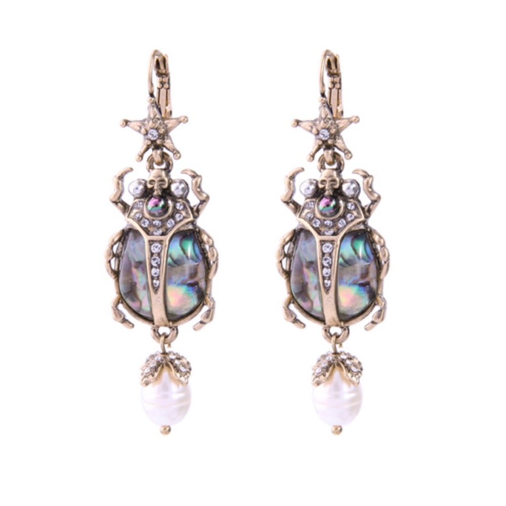 2/$25 Scarab Beetle Skull Faux Pearl Drop Earrings - Picture 4 of 8